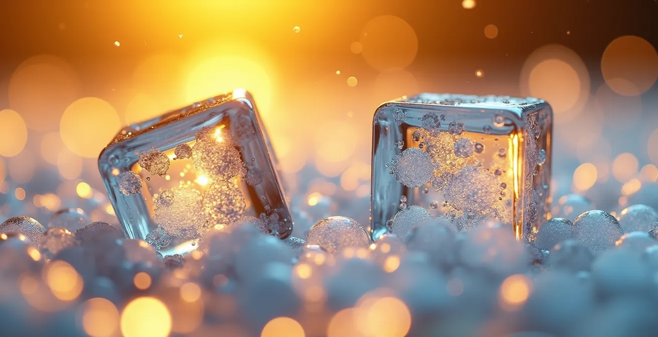 Extreme macro shot of ice surface showing nucleation sites and CO2 bubble formation