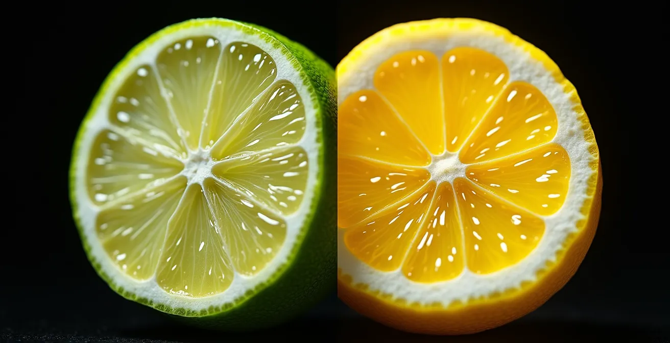 Extreme macro shot of lime and lemon cross-sections showing crystalline acid structures