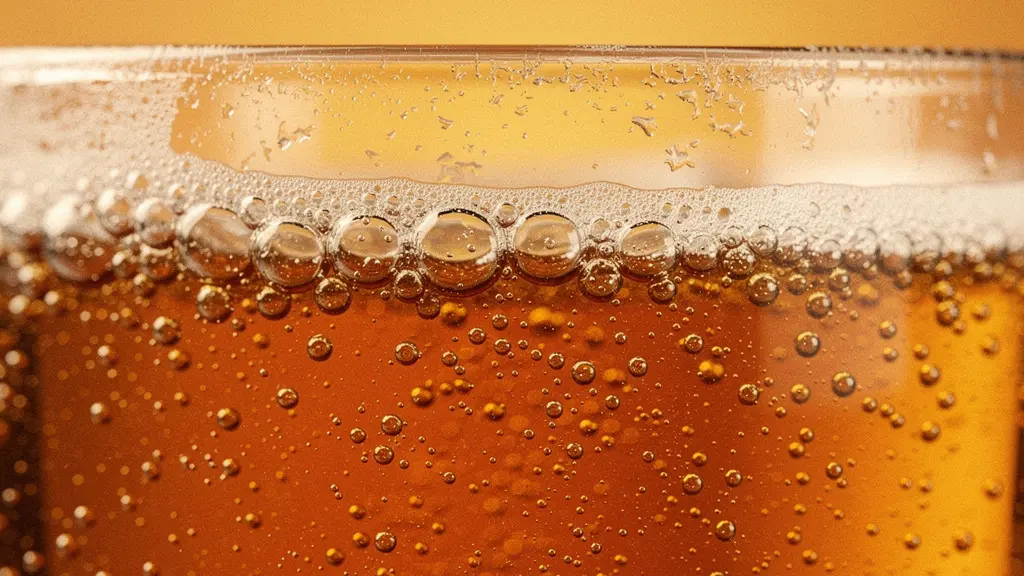 Extreme macro close-up of tiny air bubbles suspended in an amber cocktail liquid, showing the micro-bubble texture of a shaken spirit-forward drink.