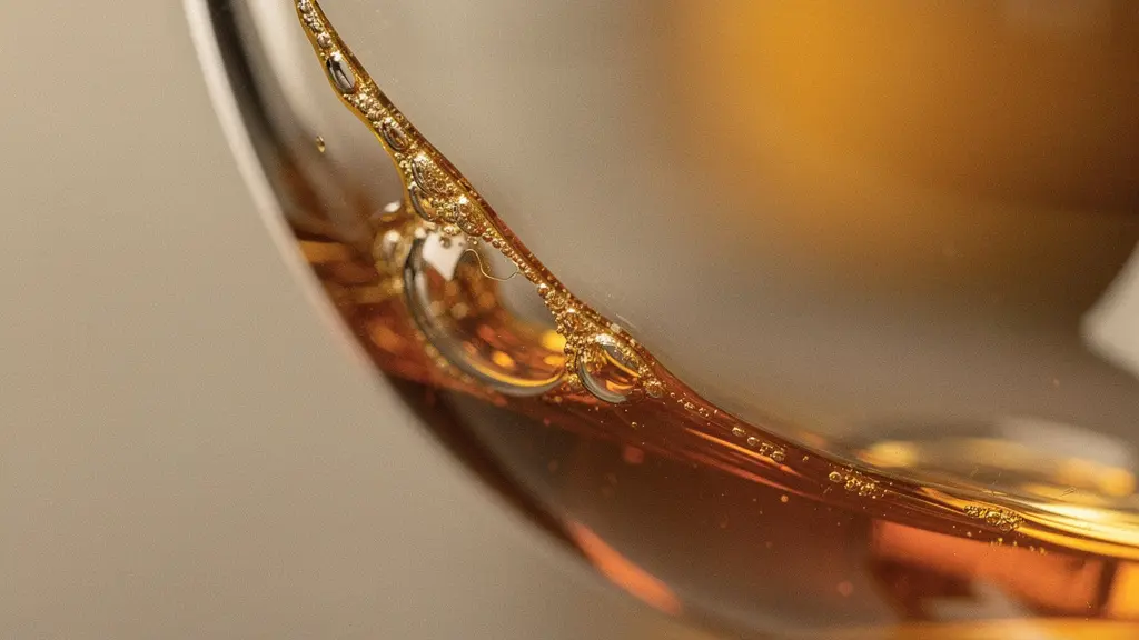 Extreme macro of slow-moving spirit legs (tears) forming on the inside of a clear glass after swirling an amber rum, showing surface tension and texture.