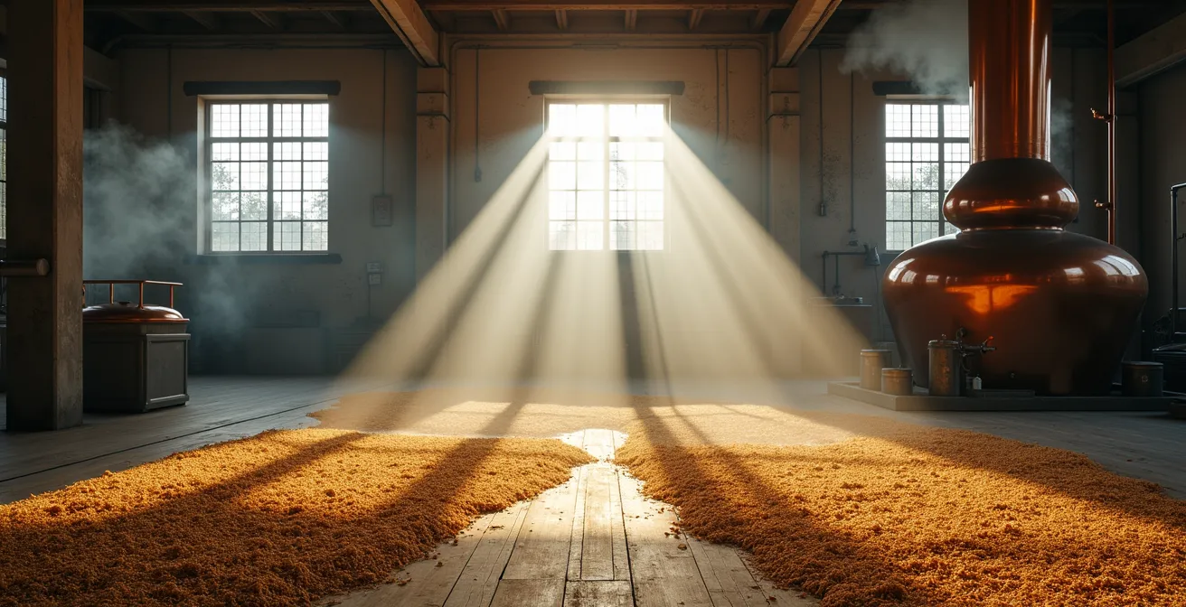 Side-by-side visual comparison of malted barley and whisky liquid showing PPM reduction