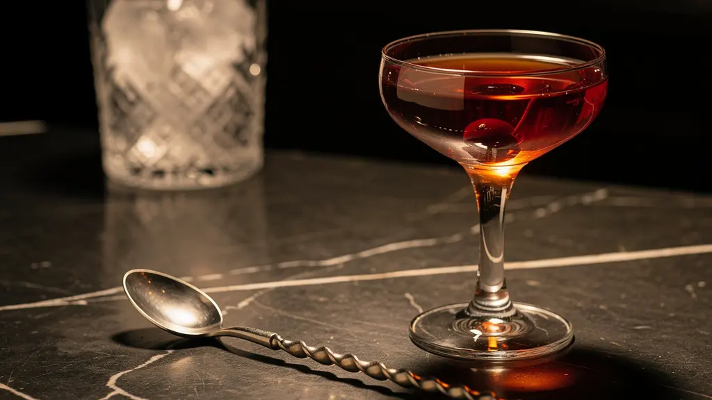A perfectly stirred Manhattan cocktail in a coupe glass with jewel-like ruby clarity, a bar spoon resting beside it on a dark marble surface.