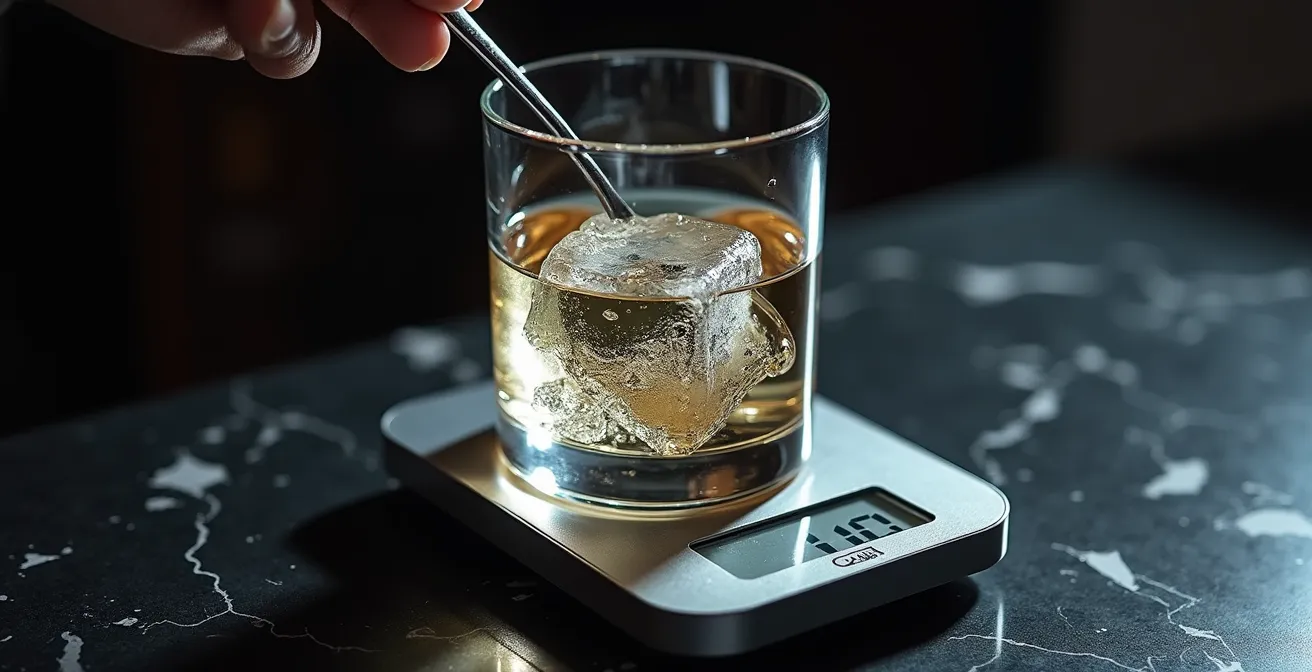 Bartender measuring martini dilution with precision scale during stirring