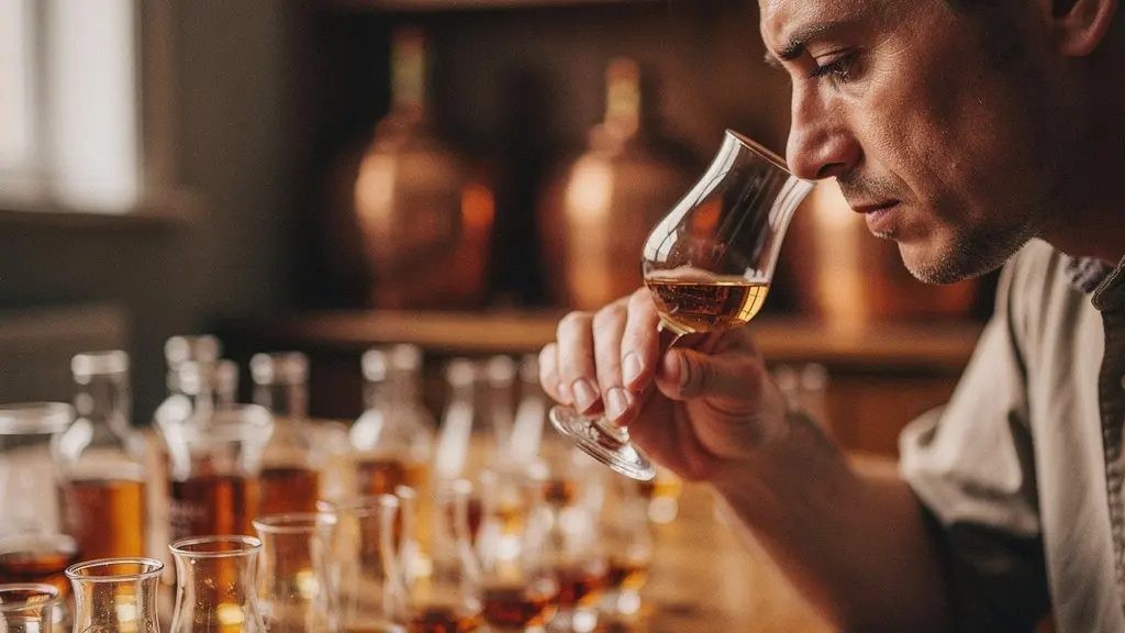 Master blender examining whisky samples in a quiet blending room surrounded by test tubes and beakers