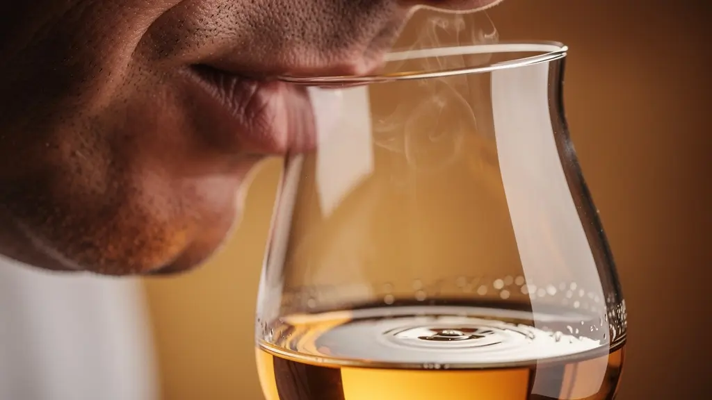 Extreme close-up of master blender's nose above whisky glass showing sensory evaluation technique