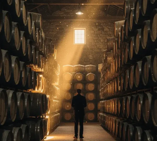 Master blender examining whisky casks in a dimly lit warehouse with dramatic lighting highlighting barrel textures