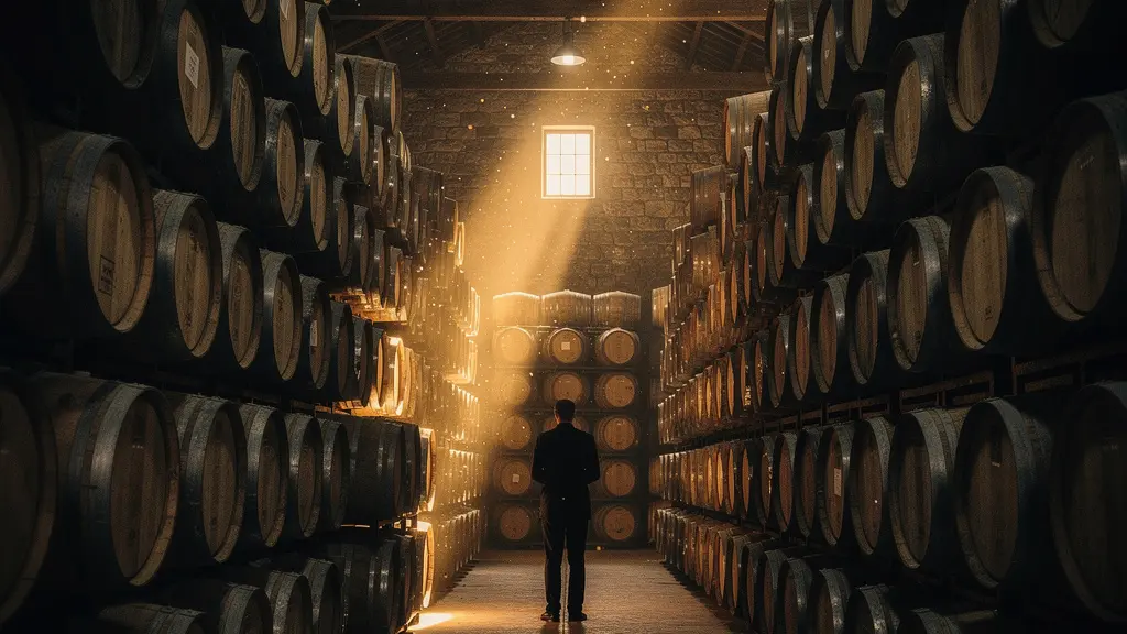 Master blender examining whisky casks in a dimly lit warehouse with dramatic lighting highlighting barrel textures