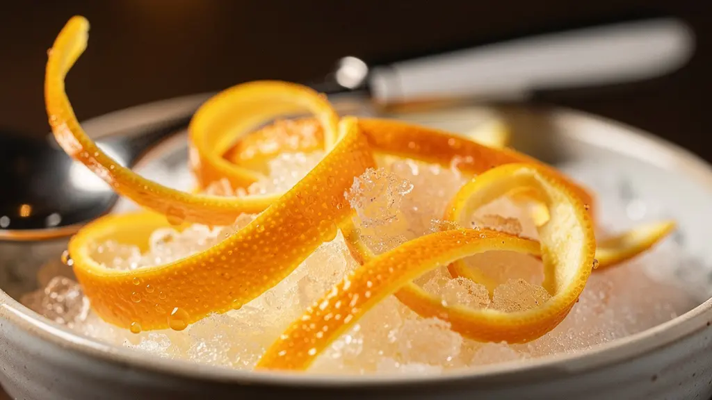Macro close-up of citrus peel pressed into sugar crystals with tiny glistening oil droplets on the zest.