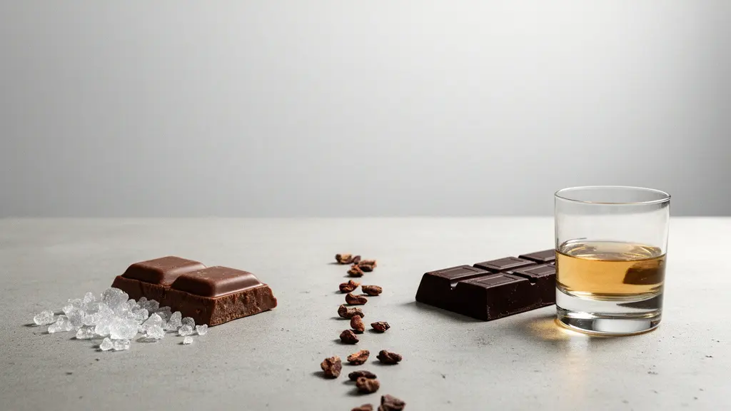 Contrasting still life showing a piece of milk chocolate and a piece of dark chocolate beside a glass of dry spirit on a minimalist surface