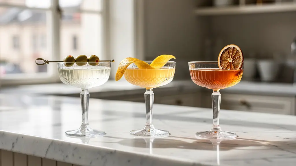 Wide shot of elegant bar setup with coupe glasses and professional garnish placement