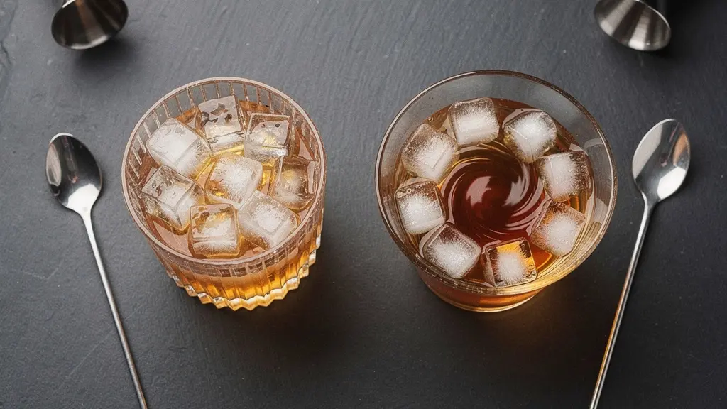 Overhead view of two mixing glasses of different sizes side by side on a dark bar surface, one small and overcrowded with ice, one large with ample room for ice movement