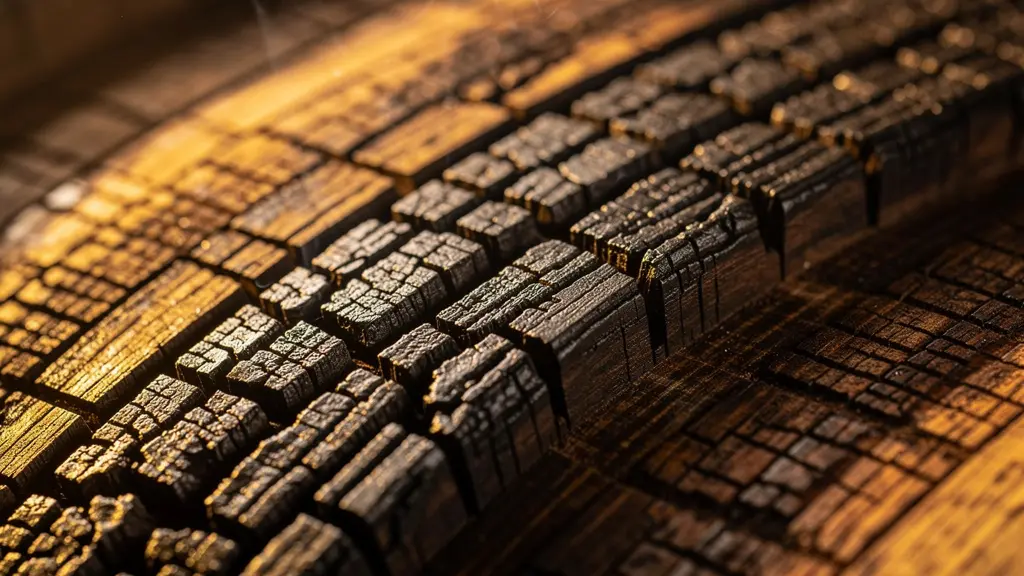 Macro shot of charred oak barrel interior showing char layers and wood grain