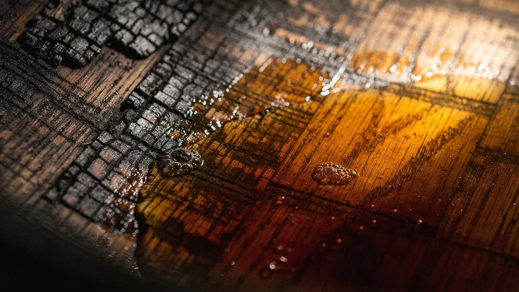 Close-up view of charred oak barrel interior showing wood grain texture and golden whiskey reflections
