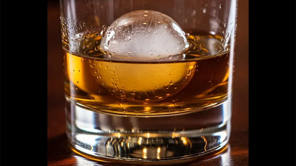 Cinematic close-up of a heavy-bottomed crystal Old Fashioned glass containing a whiskey cocktail with a large clear ice sphere, set on a dark wooden surface.