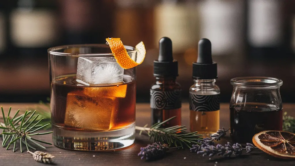 An Old Fashioned on a bar top with unlabeled bitters bottles, a small jar of syrup, and citrus peels arranged with generous negative space.