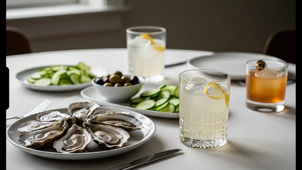 A minimalist pre-dinner table with light appetizers and a sparkling drink, while a heavy whiskey cocktail sits off to the side untouched.