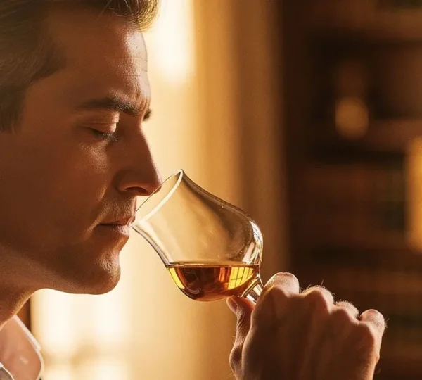 Expert whiskey taster demonstrating proper nosing technique with tulip glass in warm golden light