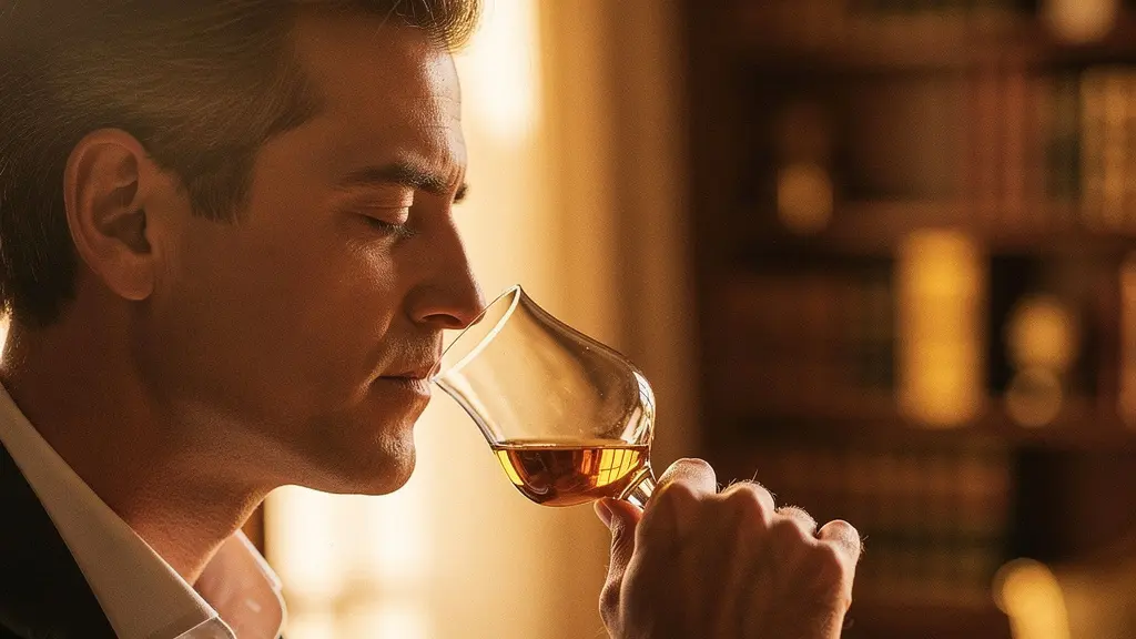 Expert whiskey taster demonstrating proper nosing technique with tulip glass in warm golden light