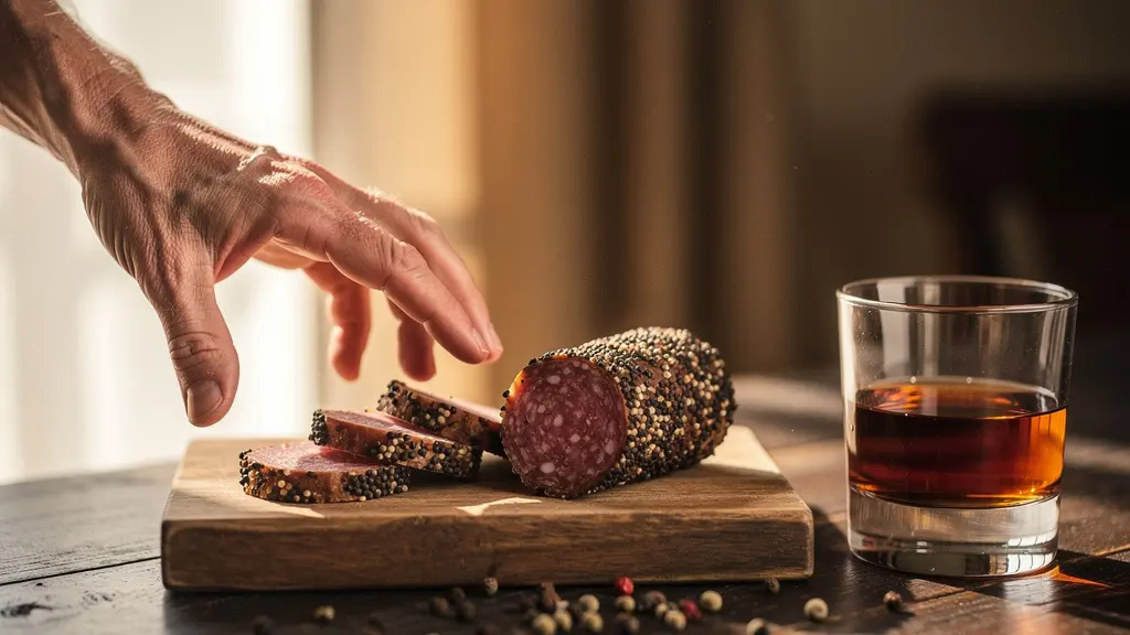 A hand reaching for a slice of peppercorn-crusted salami next to a glass of amber rye whiskey on a rustic wooden surface