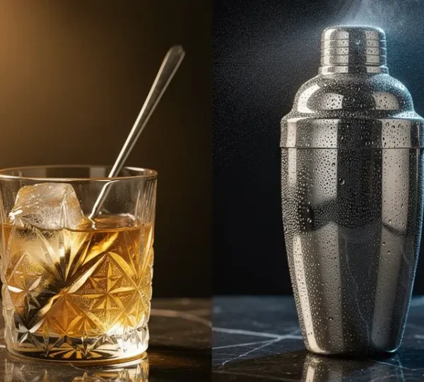 A bartender's hand elegantly stirring a cocktail in a crystal mixing glass filled with large ice cubes, with light refracting through the glass and liquid