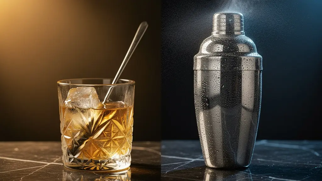 A bartender's hand elegantly stirring a cocktail in a crystal mixing glass filled with large ice cubes, with light refracting through the glass and liquid