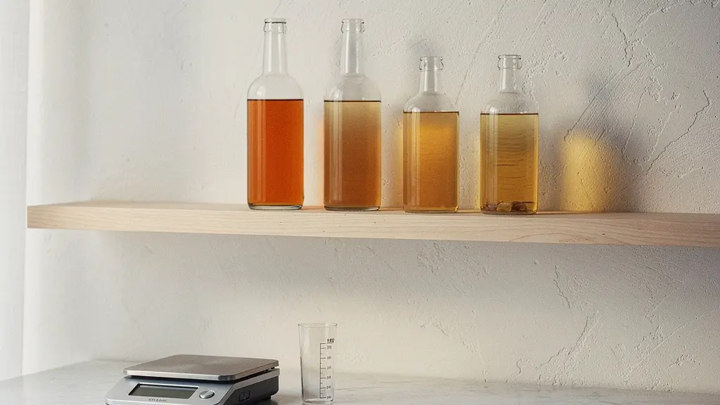 Minimalist bar shelf displaying several clear glass bottles containing pre-batched amber cocktails, with soft natural window light illuminating the liquid