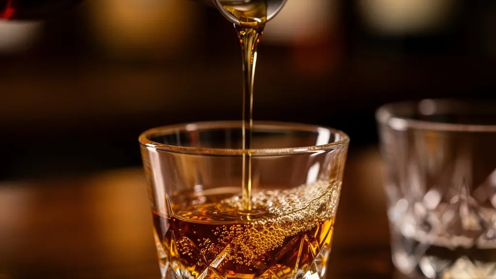 Close-up of precise whisky measurement being poured into crystal tasting glasses