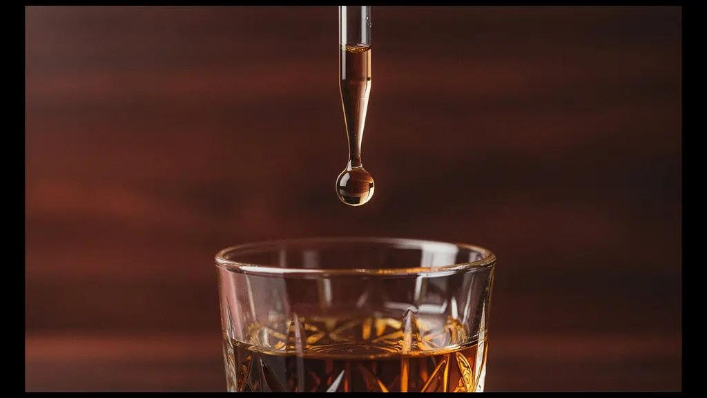 Close-up of a single water droplet falling from a pipette into a whisky glass, frozen in time.