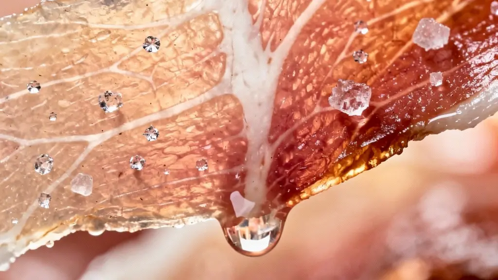 Extreme close-up of a translucent prosciutto slice showing intricate fat marbling and salt crystals on the surface