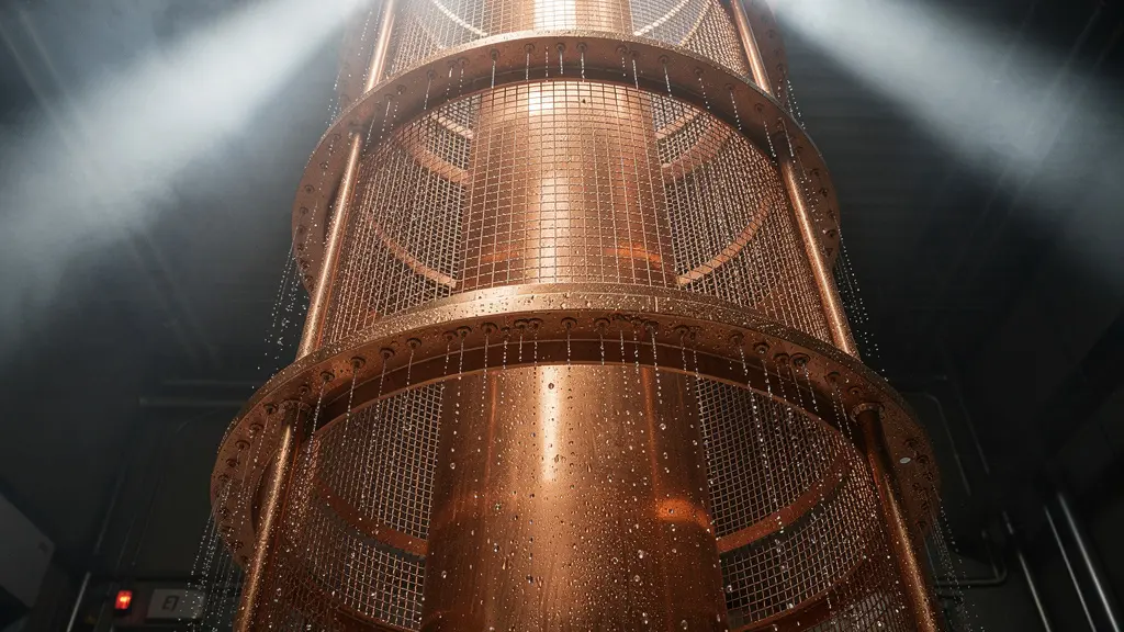 Wide angle view of distillation column interior showing vapor condensation and reflux patterns