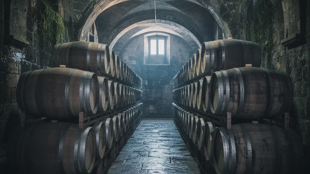 Dark European cellar with aged rum barrels in cool, controlled environment