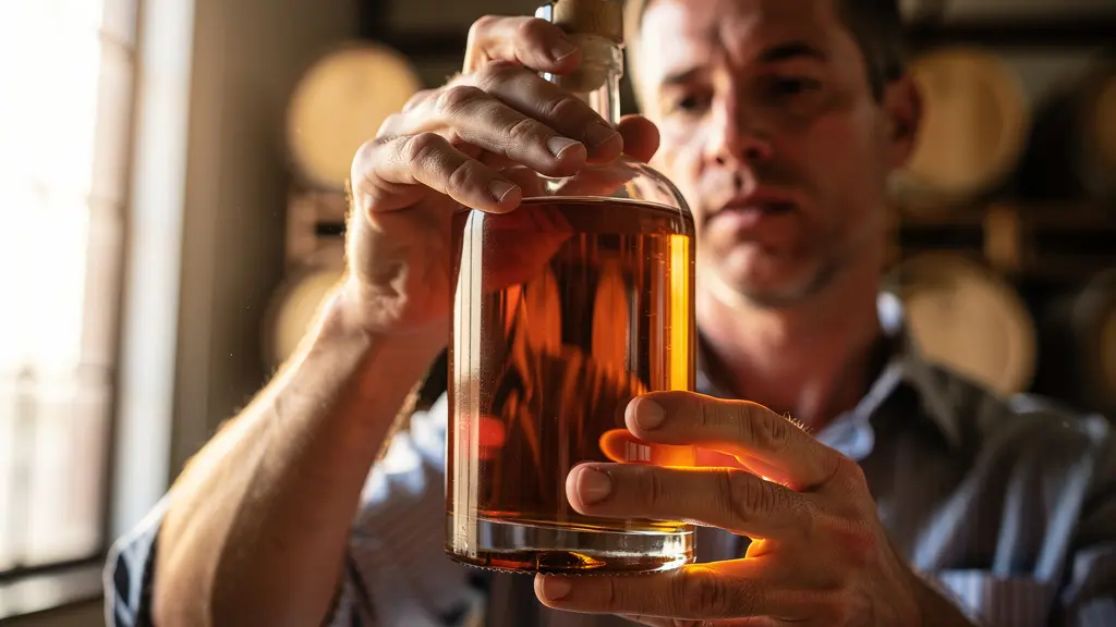 Hands examining a rum bottle label against backlight to check transparency and quality indicators