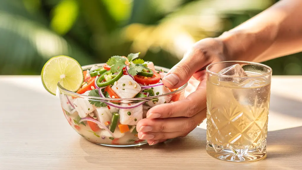 Light rum cocktail paired with fresh ceviche garnished with citrus in a tropical setting