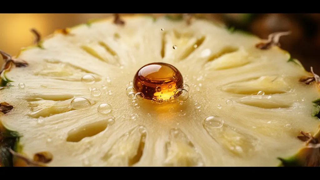 Extreme close-up of amber rum droplets on fresh pineapple flesh showing shared molecular connection between the two ingredients