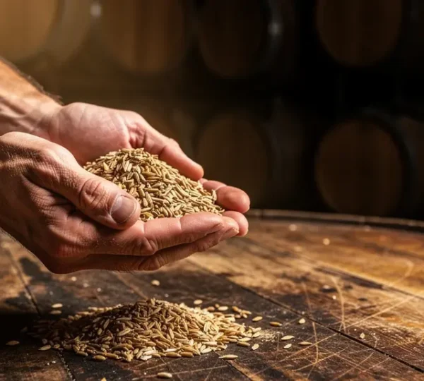Artisan distiller examining rye grains with bourbon barrels in soft lighting