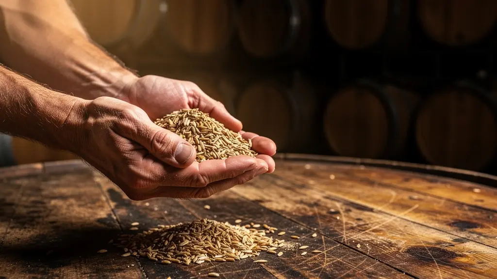 Artisan distiller examining rye grains with bourbon barrels in soft lighting