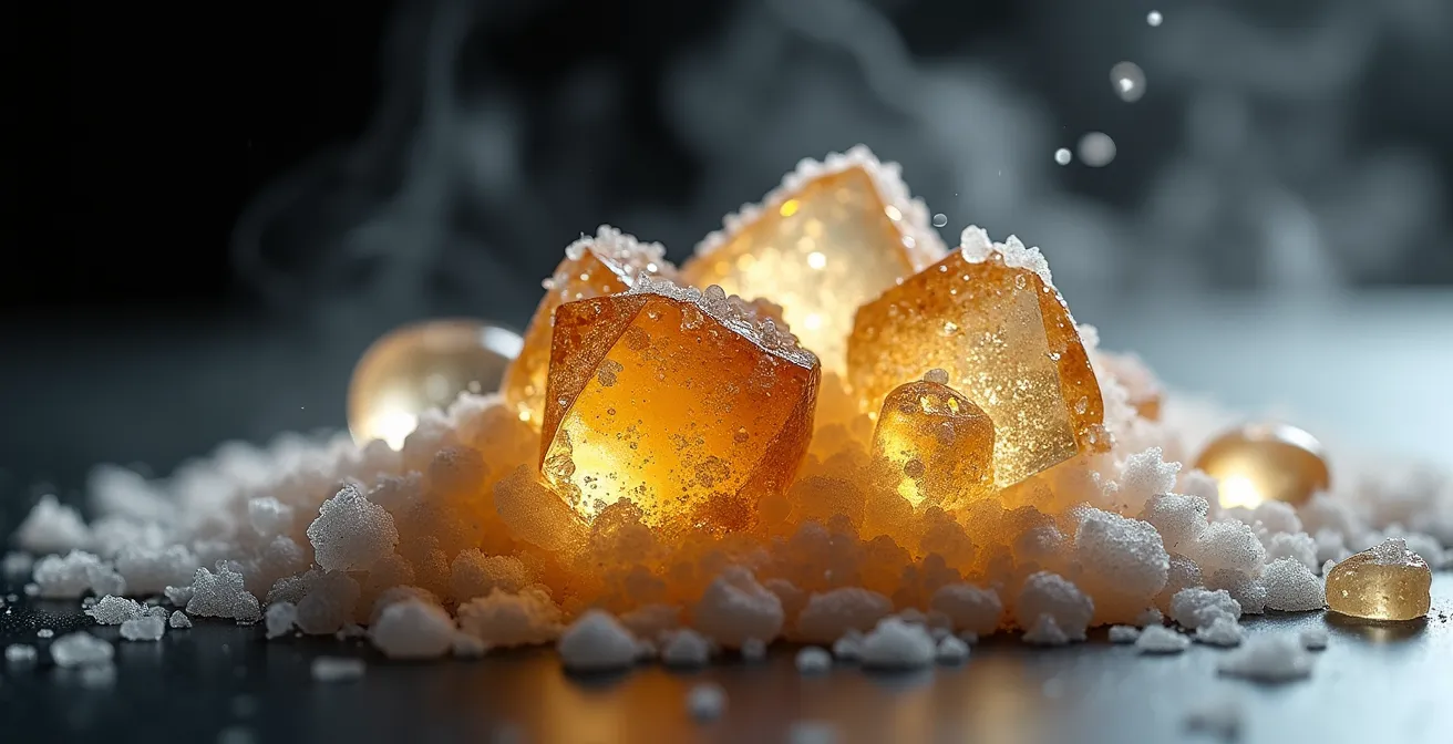 Extreme close-up of salt crystals next to amber whisky drops showing texture interaction