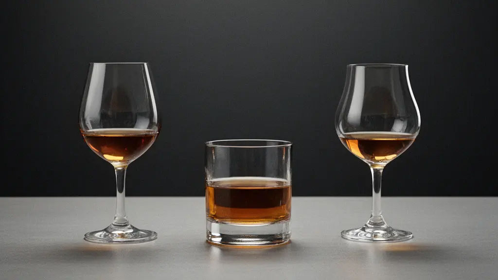 Three different glasses (a white wine glass, a tumbler, and a tulip-style tasting glass) shown side by side with identical small pours of amber spirit, photographed with clean negative space for comparison.