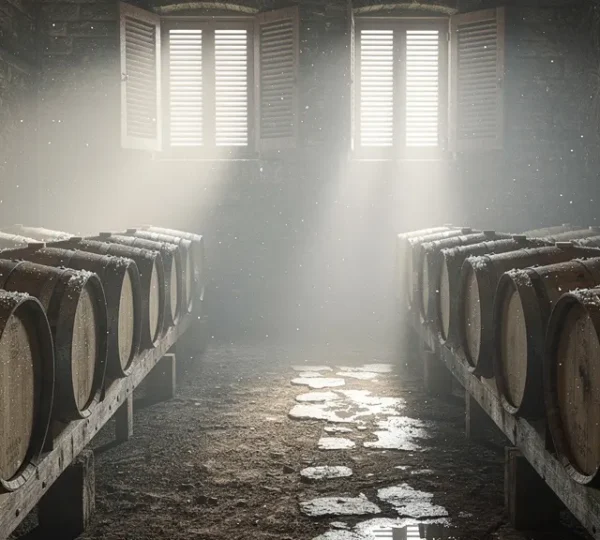Whisky casks in misty coastal warehouse with light filtering through wooden shutters
