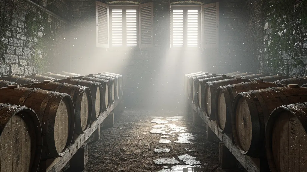 Whisky casks in misty coastal warehouse with light filtering through wooden shutters