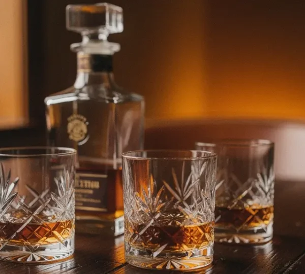 A minimalist whisky tasting room with warm ambient lighting and carefully arranged crystal glassware