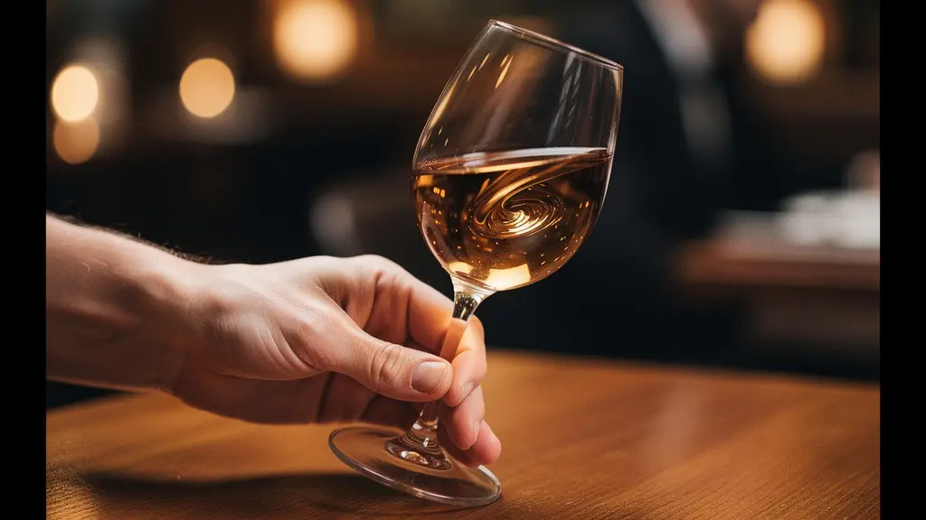 A close-up of a person pinching the stem near the base of a wine glass while swirling it on a table to aerate a small pour of amber spirit without spilling.