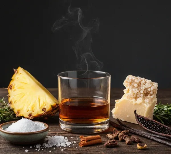 Aged rum in a glass beside aromatic bridge ingredients like pineapple, herbs, and aged cheese arranged on a dark wooden surface