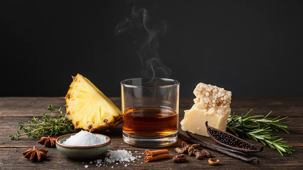 Aged rum in a glass beside aromatic bridge ingredients like pineapple, herbs, and aged cheese arranged on a dark wooden surface