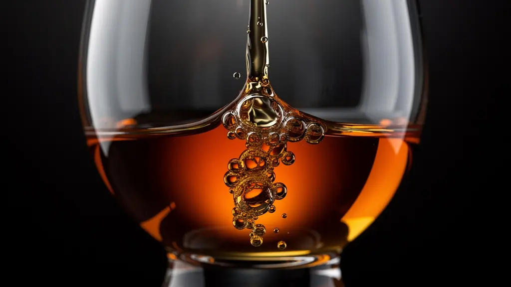 Close-up view of whisky forming legs in a crystal nosing glass with dramatic backlighting
