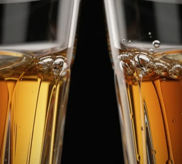 Close-up of crystal whiskey glasses showing liquid viscosity differences at different alcohol concentrations