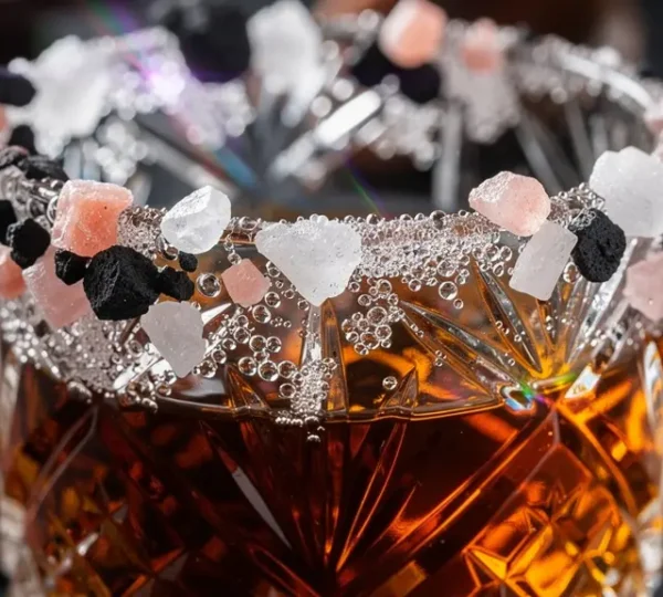 Macro shot of salt crystals on a spirit glass rim with amber whiskey visible through crystalline structures