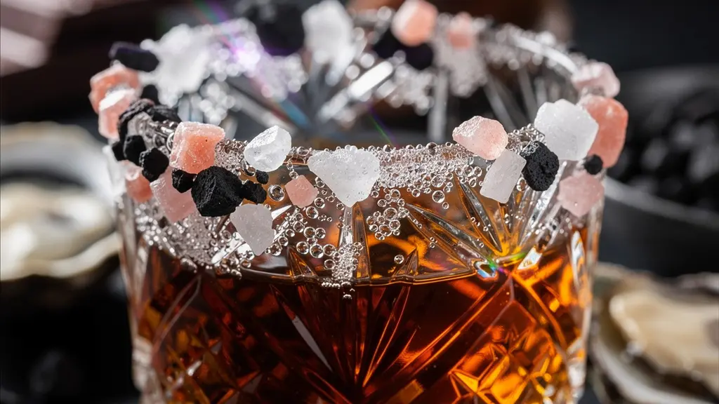 Macro shot of salt crystals on a spirit glass rim with amber whiskey visible through crystalline structures