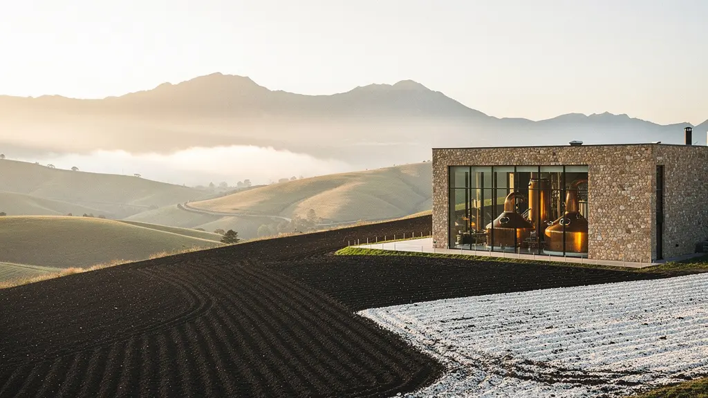 Artisanal distillery landscape showing the connection between land and spirits