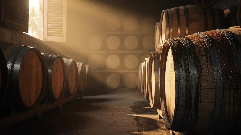 Rum barrels aging in a tropical warehouse with dramatic light streaming through wooden slats